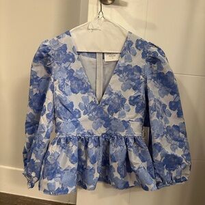 Blue and White Peplum Wrap Blouse with Puff Sleeves